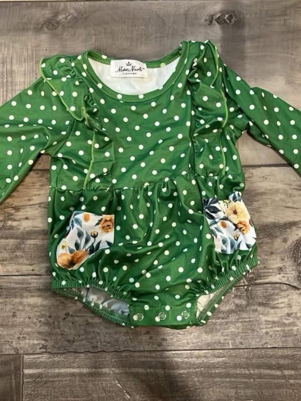 Marie Nicole Green Polka Dot Ruffle Bubble Romper 9-12 Months Floral Pockets